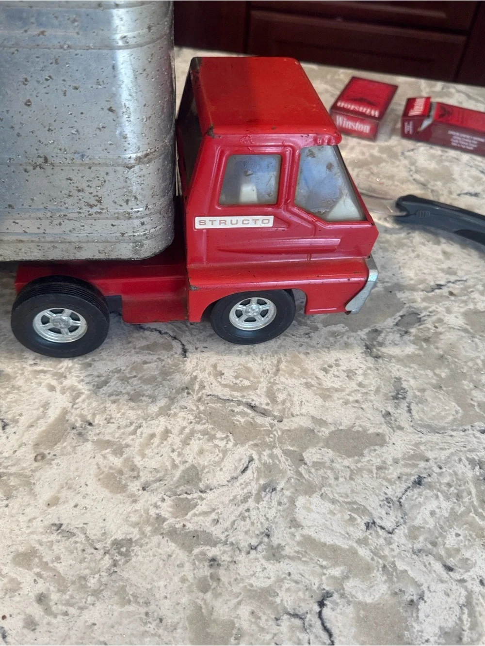 Red and Silver Toy Semi Truck Trailer - Kids Toys 22 inches long vintage